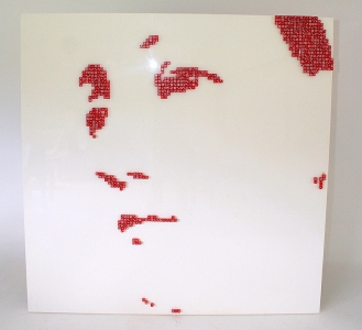 VIRGIN DE LAS VEGAS – 2006  - Red casino dice on white lacquered panel – 95” x 71” 